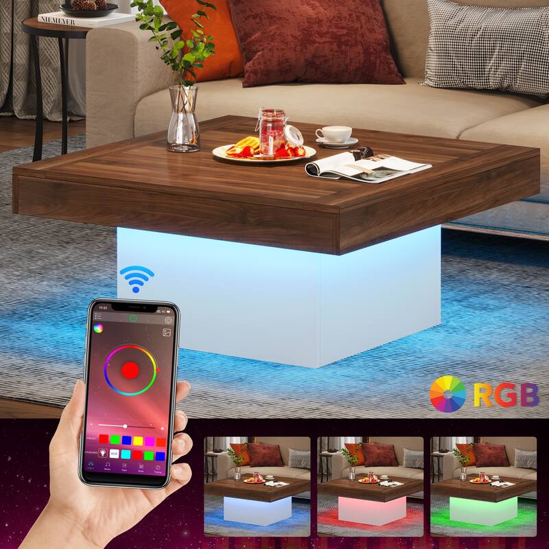 Engineered Wood Square Coffee Table LED Center Table for Living Room