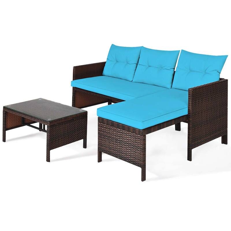 3 Pieces Outdoor Furniture Set Rattan Wicker Sofa Table Garden Patio - Turquoise