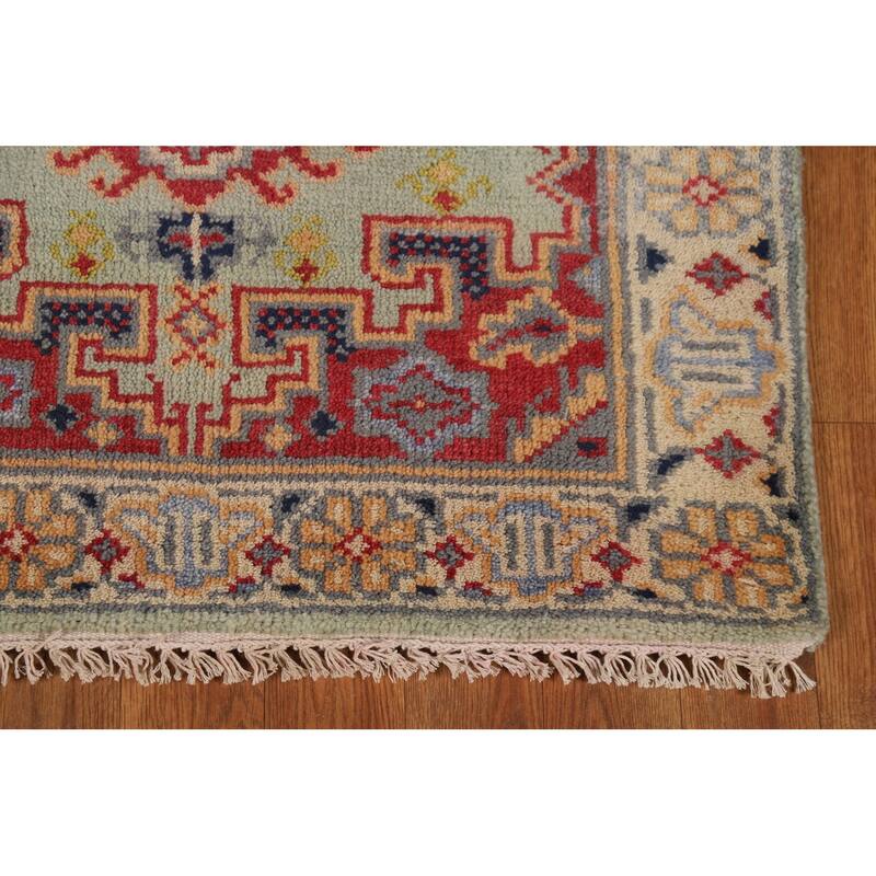 Green Geometric Viss Indian Runner Rug Hand-Knotted Wool Carpet - 2'6"x 7'11"