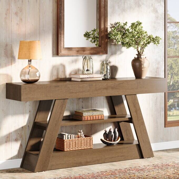 63-Inch Console Table, Wooden Entryway Table with Storage Shelves - Brown