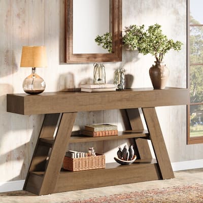 63-Inch Console Table, Wooden Entryway Table with Storage Shelves