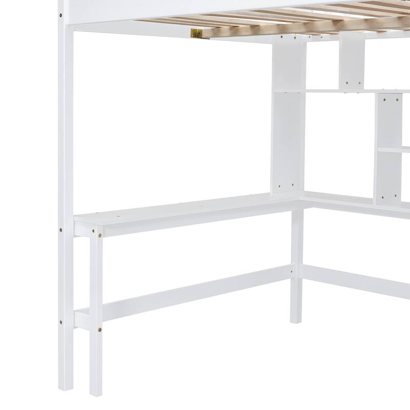 Full Size Loft Bed with Bookshelf, Drawers, Desk, and Wardrobe in White