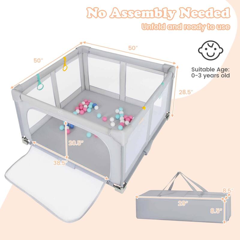 Honeyjoy Large Baby Playpen 50" x 50"/59" x 59" with Zipper Gate 50 - Grey