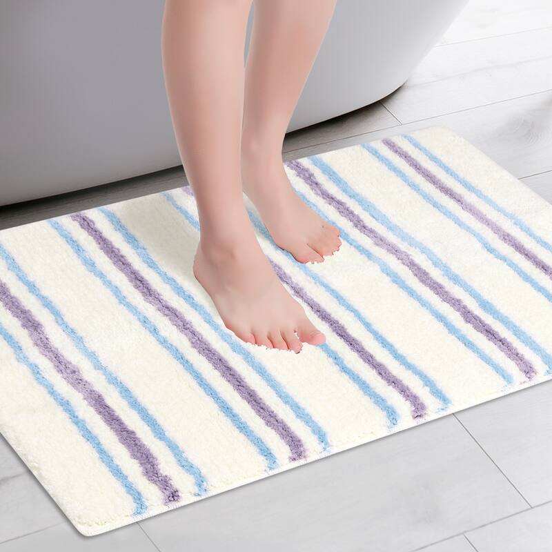 Striped Bathroom Rug Mat, Non-Slip Soft Bath Carpet, Absorbent Machine Washable Bathmat for Home Decor - Beige - 16" x 24"