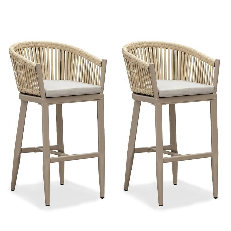 PURPLE LEAF 2 Set of Modern Bar Stool with Backrest and Arm Aluminum Legs Cushion include - Cream - Bar Height