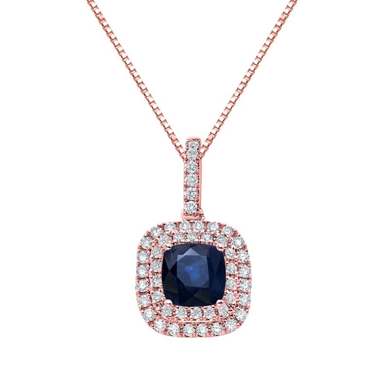 Auriya 3ct Blue Sapphire Cushion and 3/5ctw Double Halo Diamond Necklace 14K Gold - Rose