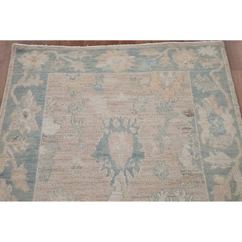 Hand Knotted Oriental 100% Wool Carpet Transitional All-Over Beige & Ivories Oushak Runner Rug - 7' 11'' X 3' 3''