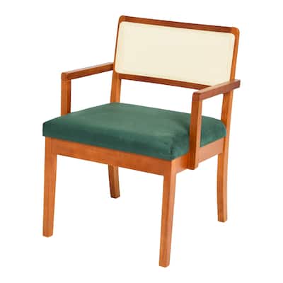 Solid Wood Arm Chair with Woven Cane Back and Velvet Upholstered Seat
