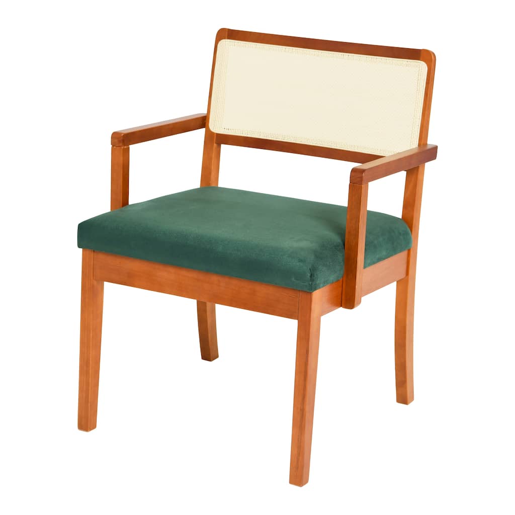 Solid Wood Arm Chair with Woven Cane Back and Velvet Upholstered Seat