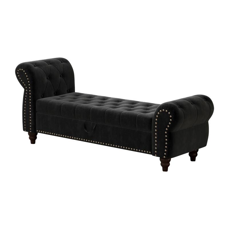 64.5" Storage Bench for Bedroom, Large Capacity Upholstered Ottoman, End of Bed Tufted Chaise Lounge with Rolled Arm