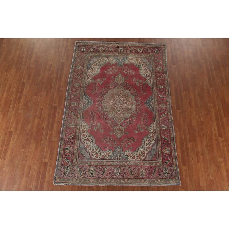 Hand Knotted Oriental 100% Wool Carpet Traditional Medallion Pink Tabriz Area Rug - 9' 6'' X 6' 3''