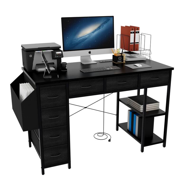 Versatile Computer Desk Vanity Table Writing Desk Rectangular Writing Desk with Power Outlet, 7 Drawers and Large Side Pocket