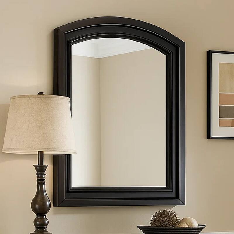 Traditional Style Wooden Frame Dresser Mirror with Curved Top, Black