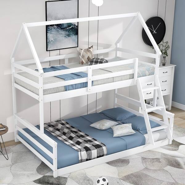 slide 2 of 35, Space-Saving Twin Over Full House Bunk Bed with Guardrail and Ladder, No Box Spring Needed White