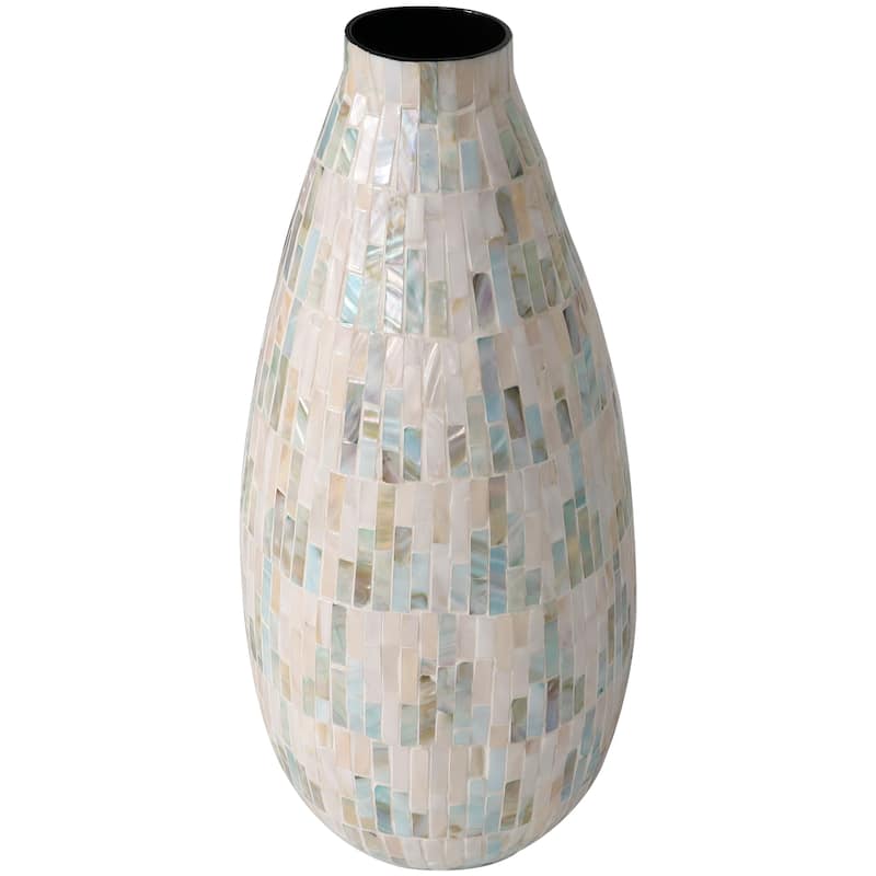 White Mother of Pearl Shell Handmade Mosaic Inspired Decorative Vase with Pastel Blue and Pink Accents