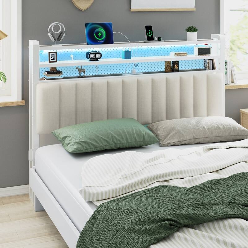 Adjustable Upholstered Headboard with 3 Tier Shelves with Charging Stations and LED Lights, Modern Bed Headboard with Storage - Linen and off white - King
