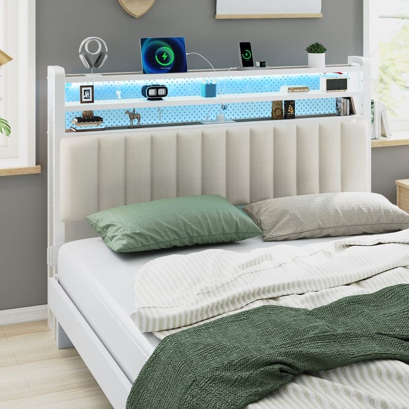 Adjustable Upholstered Headboard with 3 Tier Shelves with Charging Stations and LED Lights, Modern Bed Headboard with Storage
