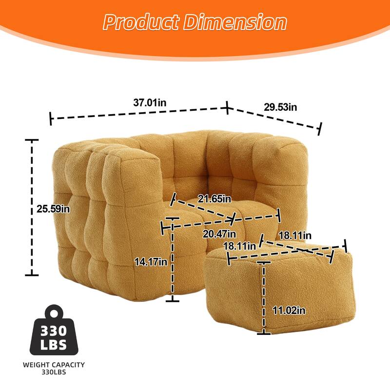 Boucle Upholstered Tufted Modern Non-installation Bean Bag Sofa Chair with Ottoman for Living Room