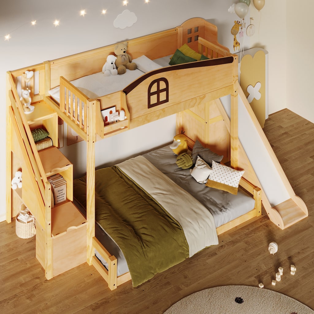 Fairytale Twin Over Full Kids Floor Bunk Bed with Slide, Storage Staircase, Shelves and Wardrobe, Wooden House Bed