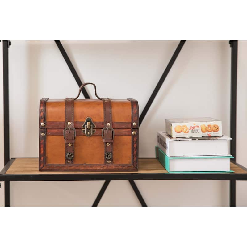 Vintiquewise Wood/Leather Treasure Box Trunk - brown