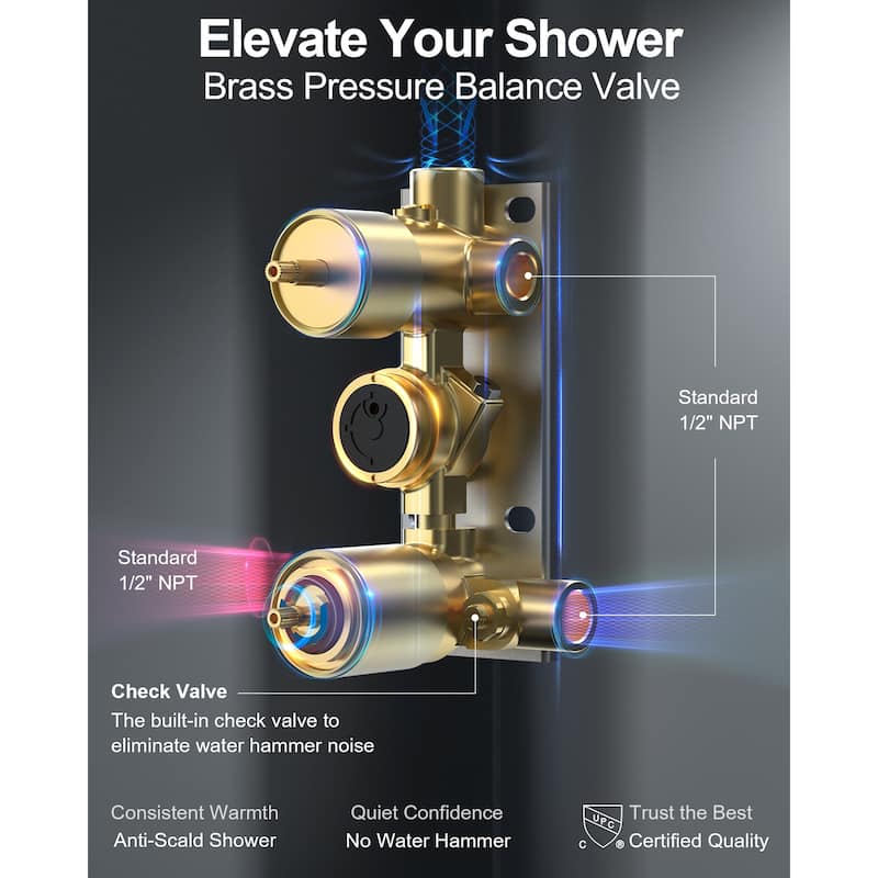 GRANDJOY Thermostatic Shower System Rainfall 12" Ceiling Mount Shower Faucet Digital Display Body Jets Handheld Shower Head