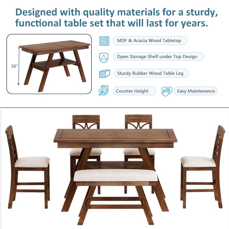 6-Piece Rustic Counter Height Dining Table Set, Rectangular Wood Table Set with Storage Shelf, Bench and 4 Chairs for Kitchen