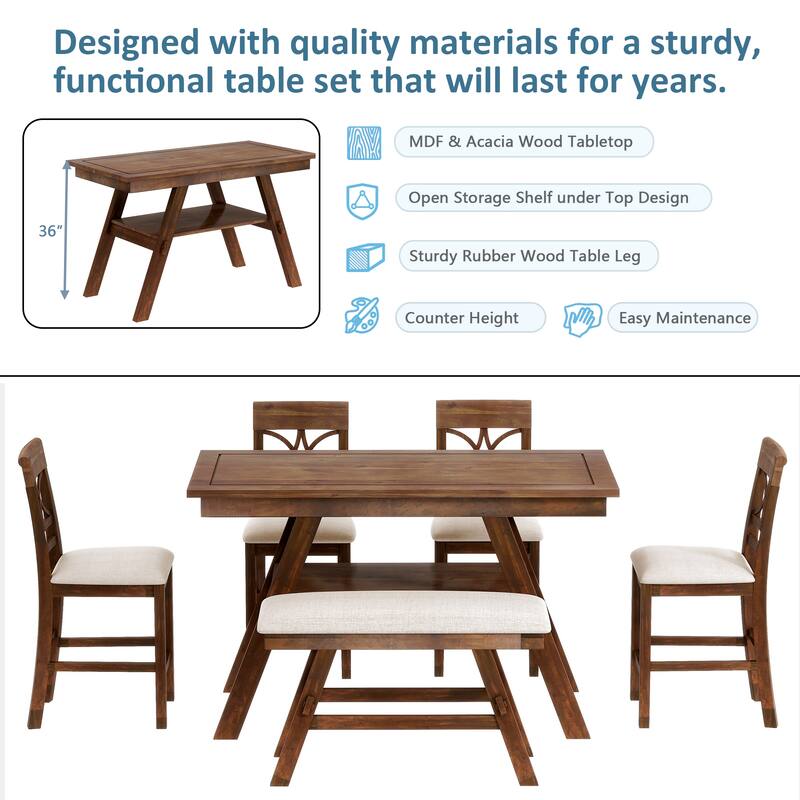 6-Piece Wood Counter Height Dining Table Set with Storage Shelf, Kitchen Table Set with Bench and 4 Chairs,Rustic Style Cushion