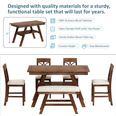 6-Piece Wood Counter Height Dining Table Set with Storage Shelf, Kitchen Table Set with Bench and 4 Chairs,Rustic Style