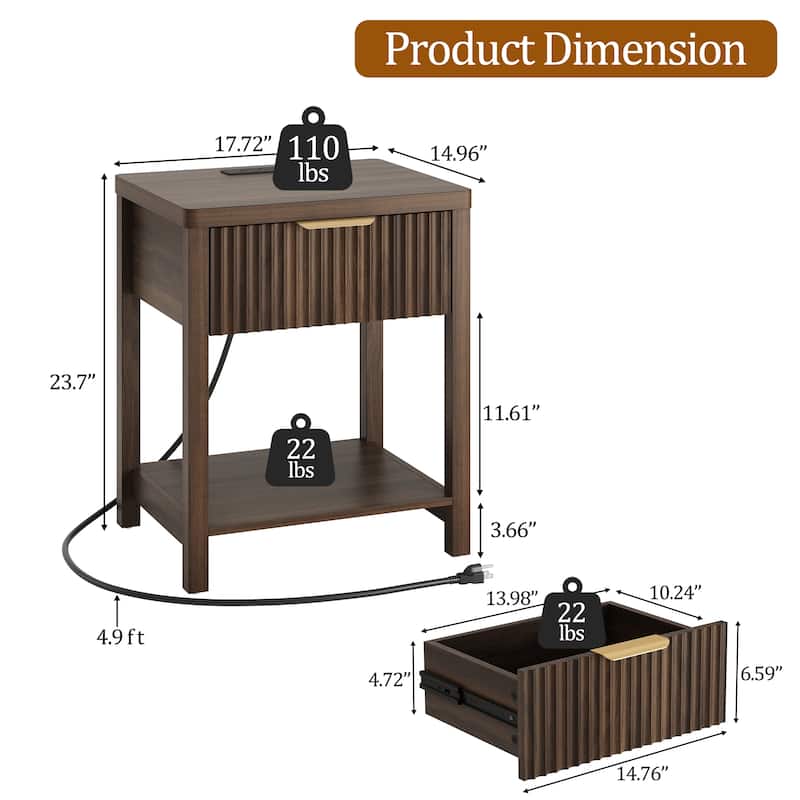 Nightstand with Drawers Fluted Bedside Table with Charging Station