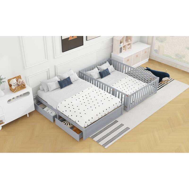 Full Size Wood Daybed with Fence Guardrails and 2 Drawers