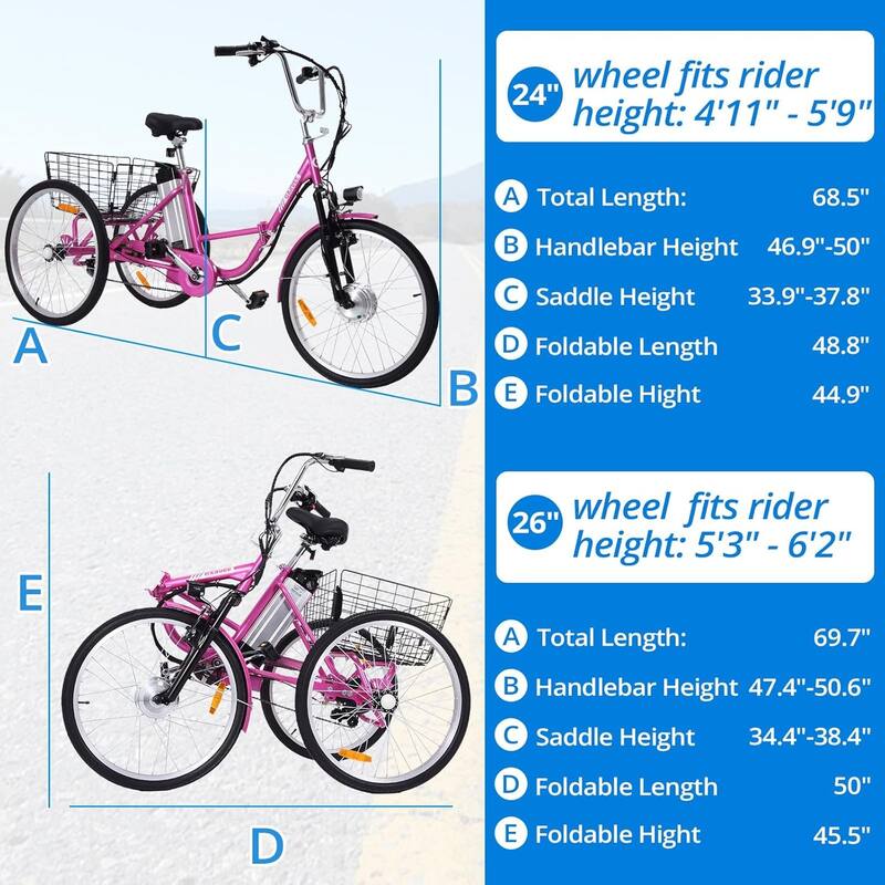 Electric Tricycle, 7-Speed Adult Electric Trike, Folding Electric Tricycle, 36V Removable Battery