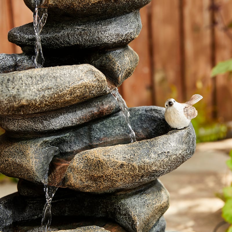 Glitzhome 24-inch Outdoor 2-tier Faux Pebbles Polyresin Birdbath Fountain with Pump