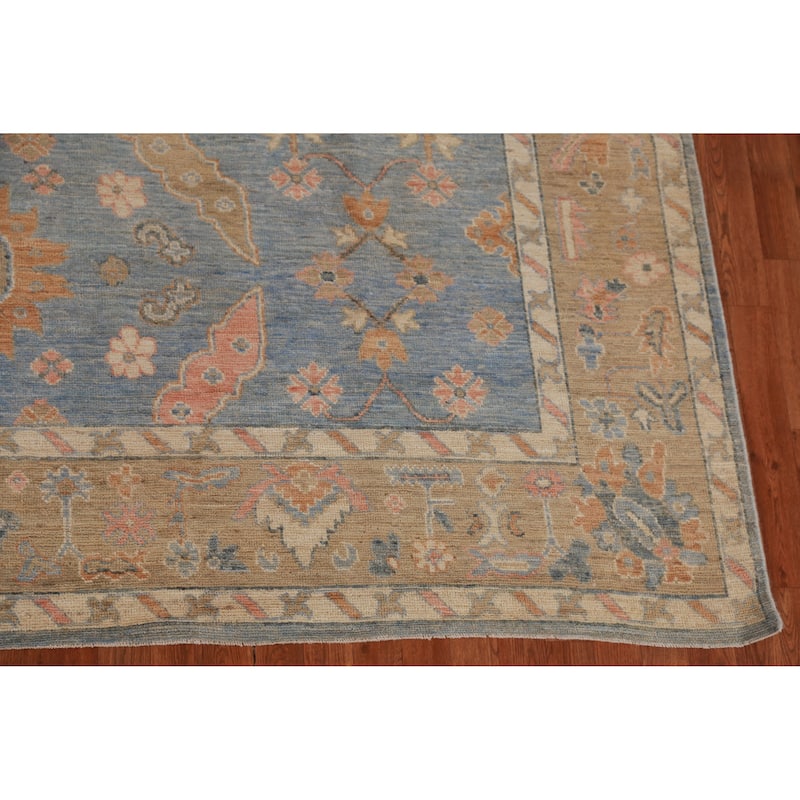 Hand Knotted Oriental 100% Wool Carpet Transitional All-Over Navy Blue & Blues Oushak Area Rug - 11' 10'' X 9' 1''