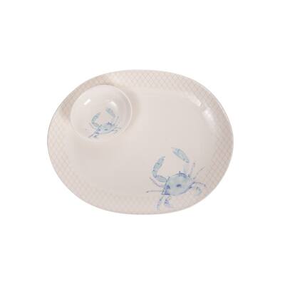 Blue Crab Bistro Dip Platter Dolomite Dinnerware For Home Kitchen Coastal Nautical Beach Ocean Sea Life 13 X 10 X 1.25 - White