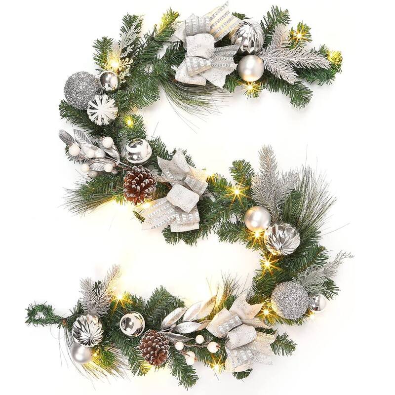 6 FT Pre-Lit Christmas Garland with 20 LED Lights & 8 Modes - N/A - Silver