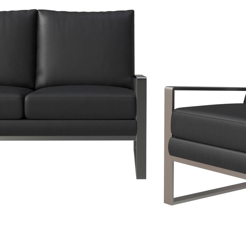 3-Piece Leather Sofa Set Brushed Stainless Steel Base and Removable Cushions