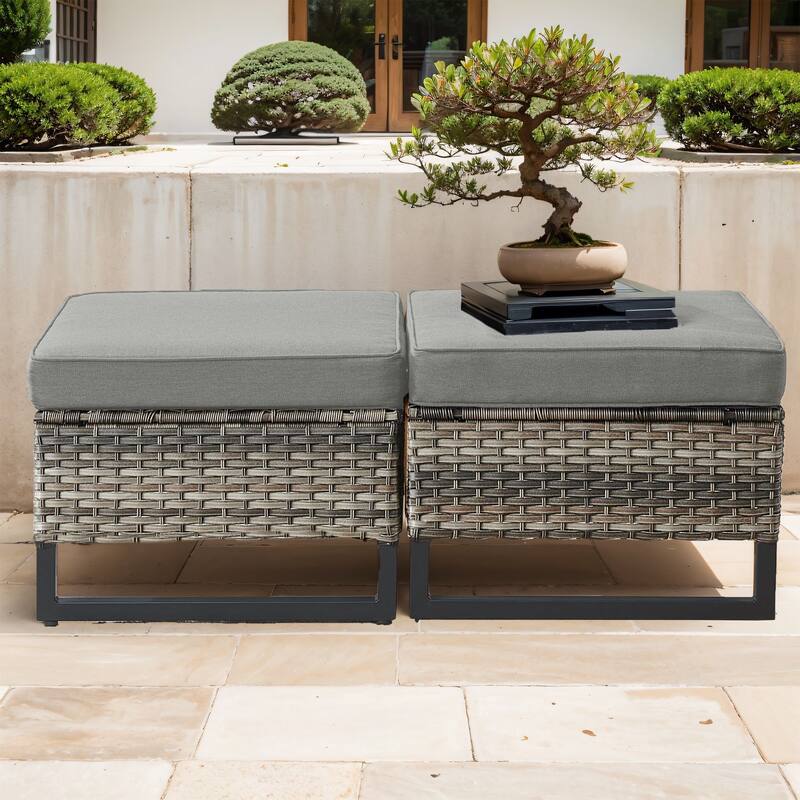 Gymojoy Outdoor Wicker Ottomans with Olefin Cushions - 2-Piece - Grey Wicker / Grey Cusion