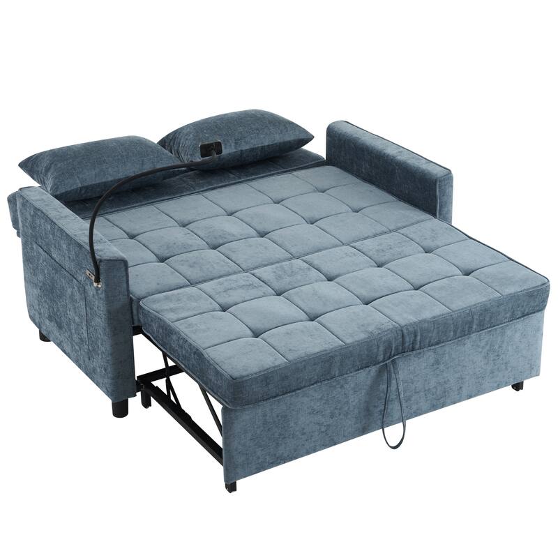 Chenille Luxe Loveseat Sofa Bed with Reversible Backrest, USB Charging, Adjustable Phone Holder by Harper&Bright Designs