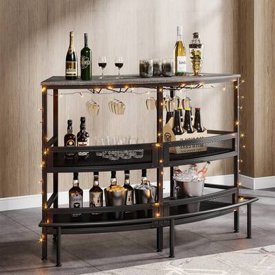 3-Tier Home Bar Unit with Storage Shelf,Wine Liquor Bar Table with Stemware Racks and Footrest for Home Pub