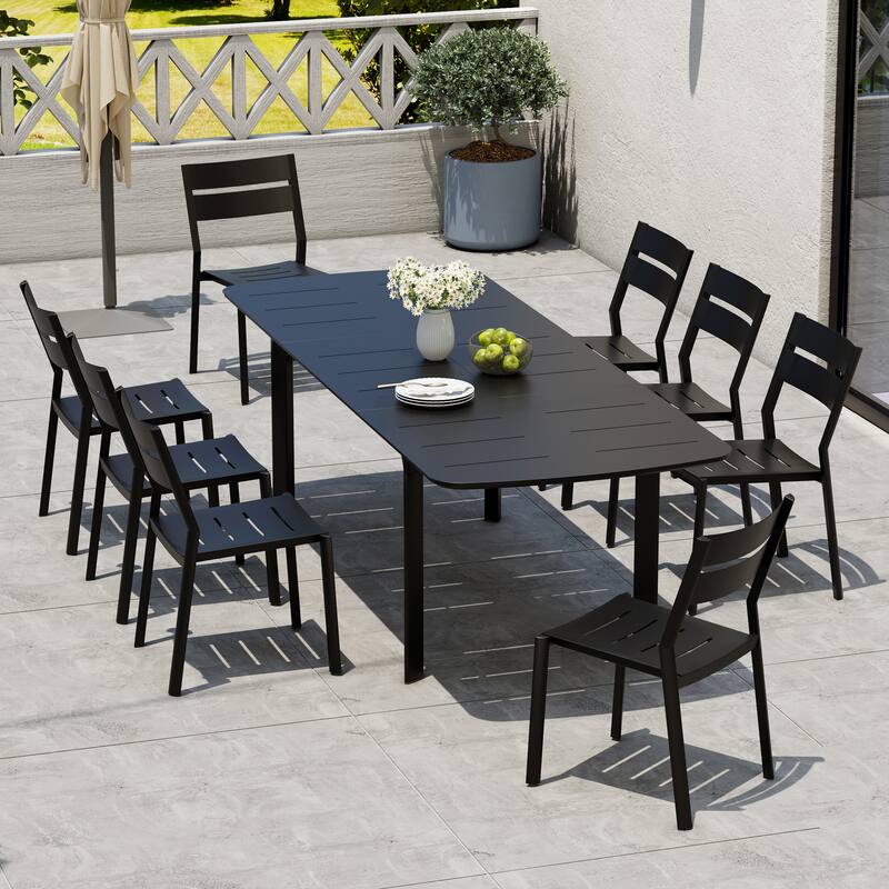 9-Piece Outdoor Patio Dining Set Extendable Rectangular Aluminum Dining Table with Chairs