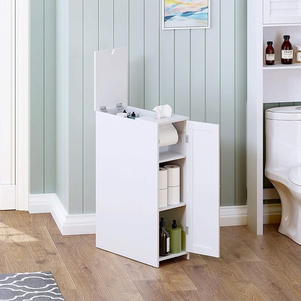 Freestanding Slim Storage Cabinet Bathroom Narrow with Toilet Paper Holder  & Trash Can