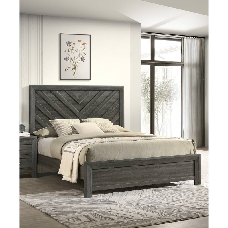 Queen Size Bed with Geometric Chevron Headboard, Rustic Gray Finish, Contemporary Design