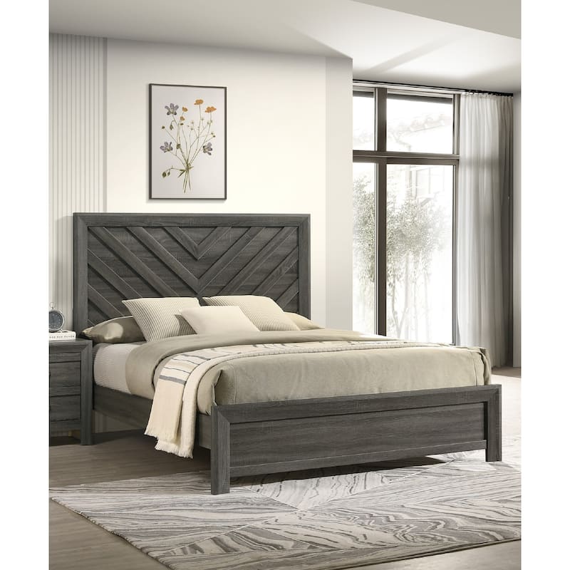 Rustic Gray Full Size Bed with Chevron Pattern Headboard, Solid Wood Furniture