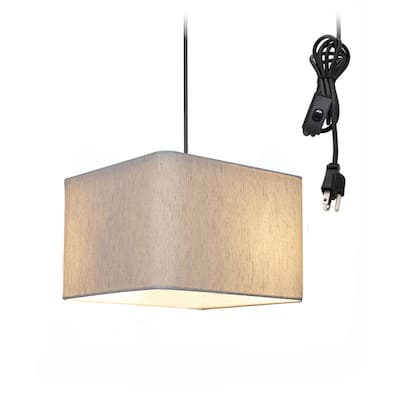1 Light Swag Plug-In Pendant 14"w Rounded Corner Square Oatmeal Drum Shade with Diffuser, Black Cord - N/A
