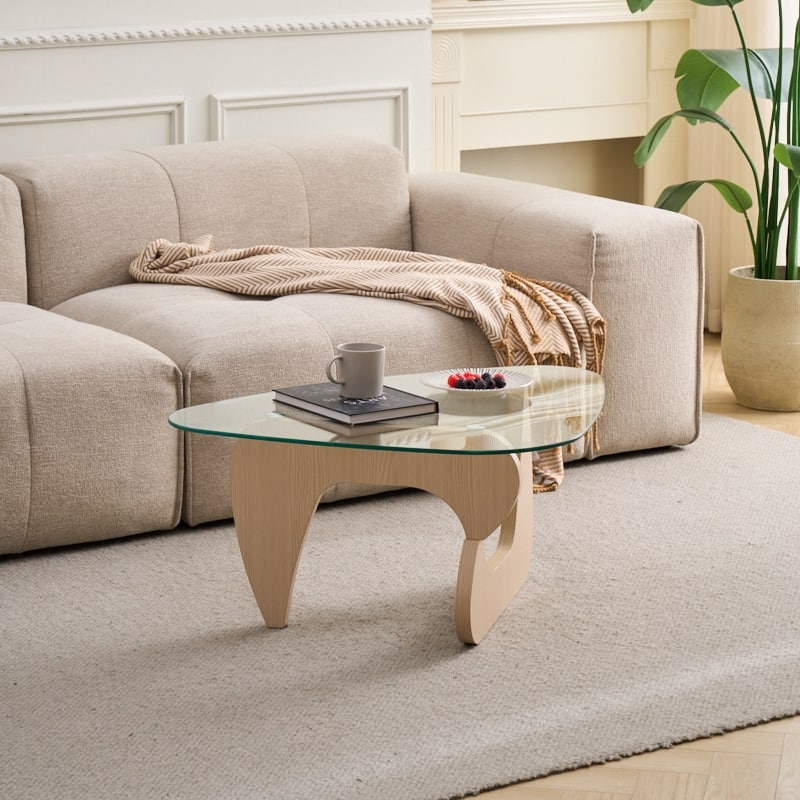 Farmhouse Glass Top Small Coffee Tables, Wood Center Table - Clear+Natural(43.3")