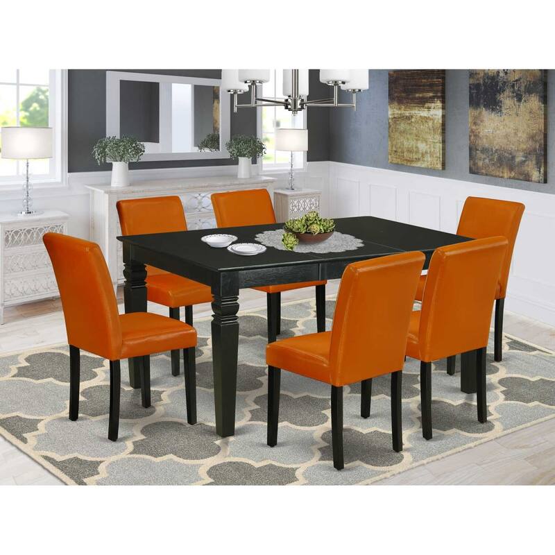 Rustic Dinette Table Set 7Pc 42x60 Rectangular Table w/ Leaf & 6 Parsons Chairs