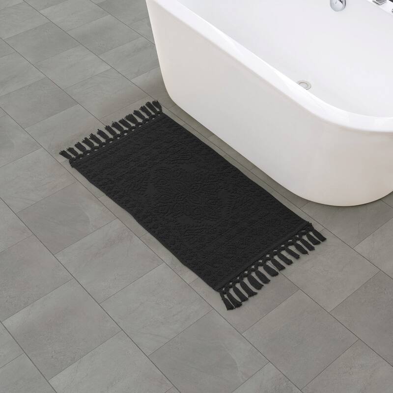 French Connection Nellore Fringe Cotton Bath Rug - Black - 20x38