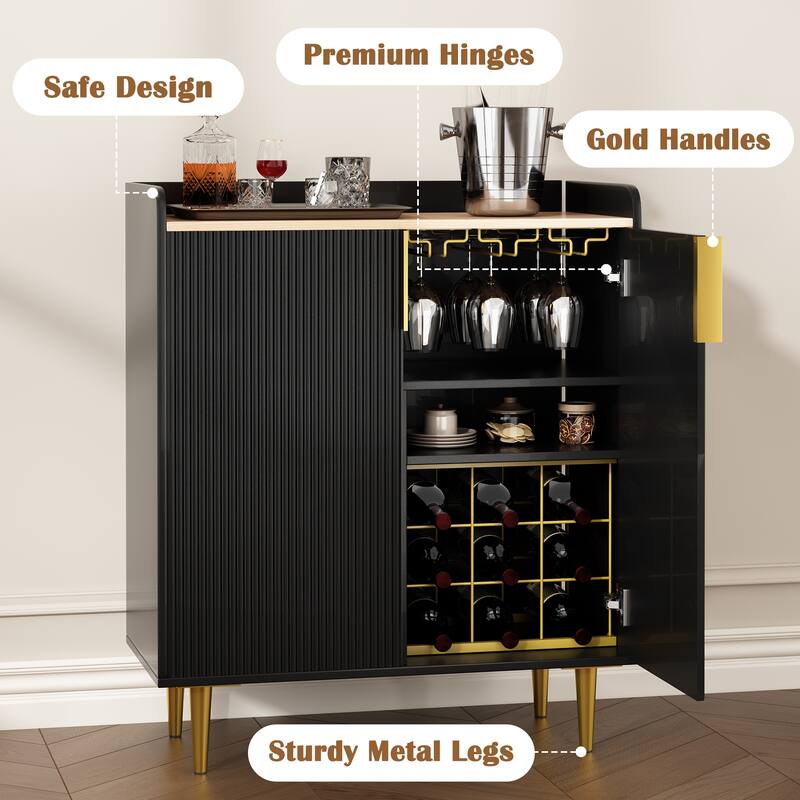 31.5" Fluted Bar Cabinet with Wine Rack & Glass Holder - Modern Black and Gold Coffee Bar, Kitchen Buffet with Storage Drawer