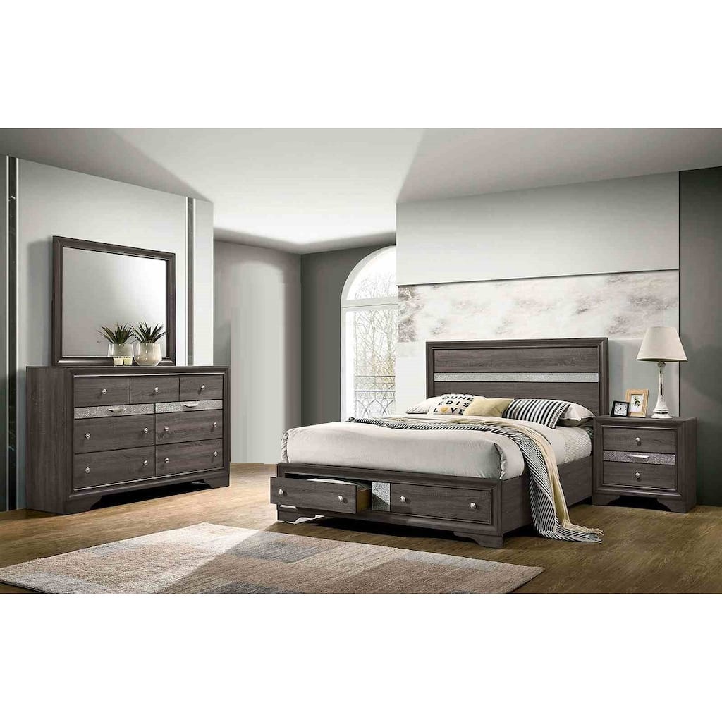 Gray Finish Contemporary 4 PC Storage Bedroom Set Bed Nightstand Dresser Mirror