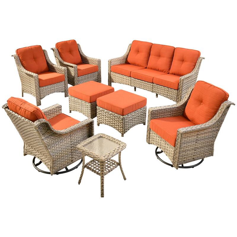 OVIOS 8-piece Patio Wicker Swivel Rocking Chair Set With Ottoman